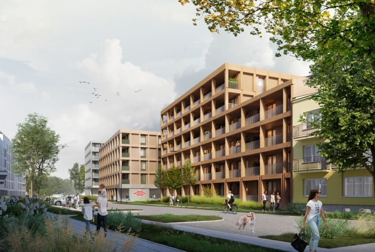 Zabudowa terenu dawnej fabryki Perun przy ul. Grochowskiej 301/305 w Warszawie - widok od strony ul.Stanisława Augusta.. Proj. WWAA