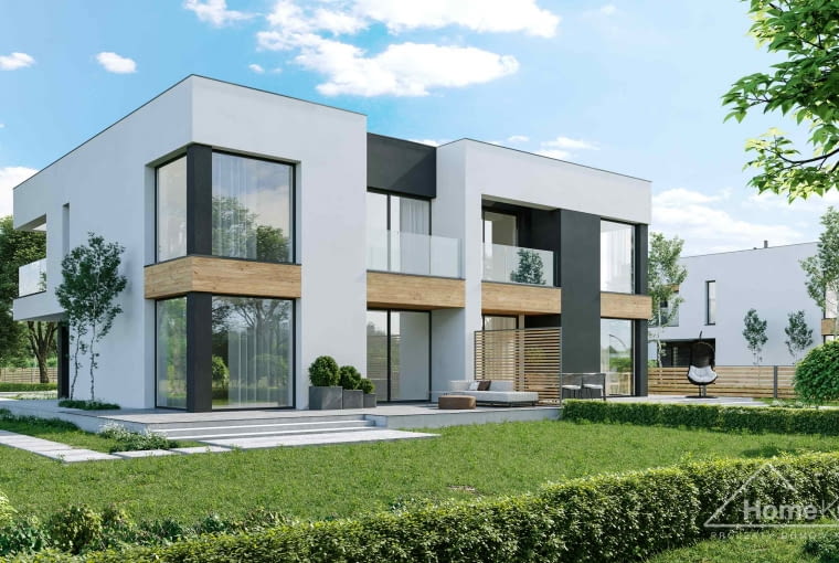 Bliźniak z płaskim dachem to pomysł na wygodne i niedrogie rodzinny dom.