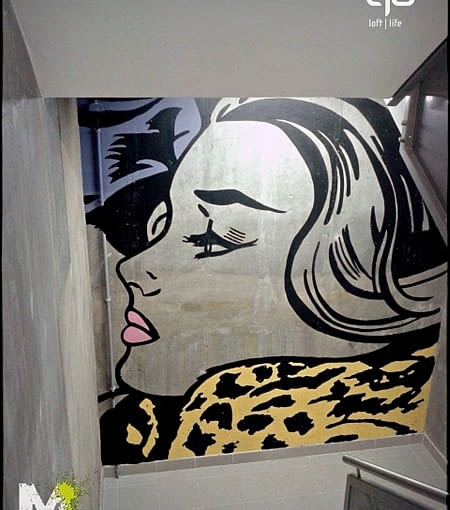 Klatka schodowa Woronicza Qbik; proj. Muralist mural, street art, mural we wnętrzach