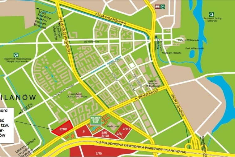 Mapa Wilanowa z zaznaczonym terenem inwestycji