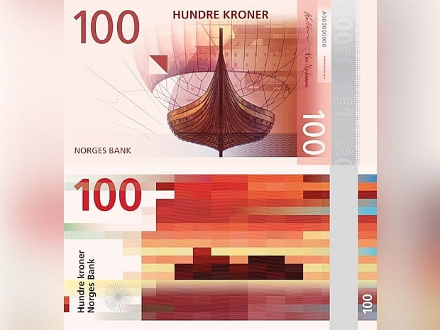 Nowe banknoty Norwegii. Przednia strona z morskimi motywami to projekt The Metric System. Kolorowy rewers to dzieło studia Snohetta. banknoty, nowe bankoty Norwegii, najnowsze banktoty, nowoczesne banknoty