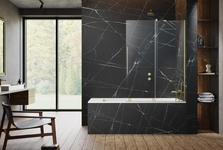 Łazienki z elementami w kolorze szczotkowanego złota Łazienki z elementami w kolorze szczotkowanego złota