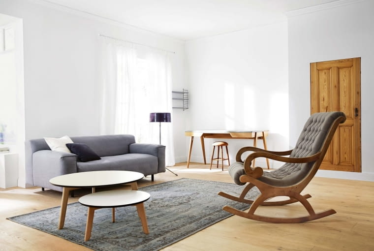 3Living room with grey sofa, rocking chair and table