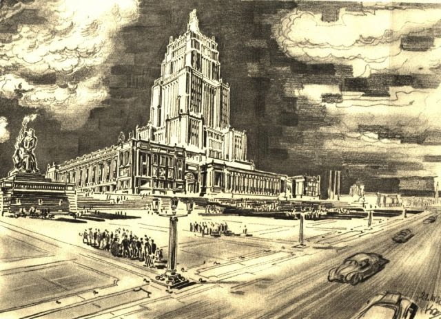 Pierwsza wizja wyglądu Pałacu Kultury i Nauki w Warszawie, Rys. Jan Knothe, "Sześcioletni plan odbudowy Warszawy", wyd. Książka i Wiedza 1950 Pierwsza wizja wyglądu Pałacu Kultury i Nauki w Warszawie, Rys. Jan Knothe, "Sześcioletni plan odbudowy Warszawy", wyd. Książka i Wiedza 1950