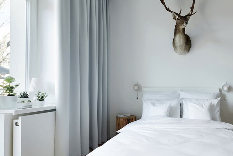 Ascetyczny, organiczny design przełamują żartobliwe akcenty - ceramiczne kinkiety w formie filiżanek i głowa daniela na ścianie. małe mieszkanie, kawalerka, jak urządzić kawalerkę
