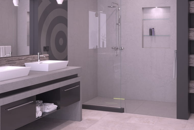 Styl nowoczesny lubi minimalizm, więc jeśli to możliwe, zrezygnuj ze zbędnego wyposażenia, np. tradycyjny brodzik zastąp odpływem liniowym.