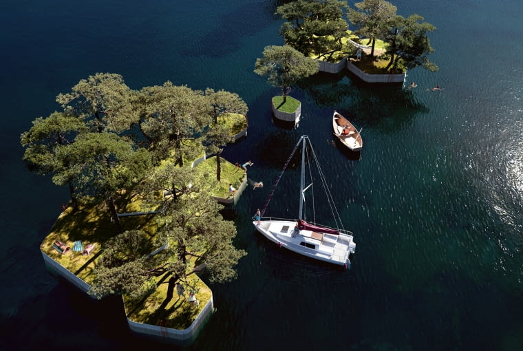 Pływające wyspy w Kopenhadze. Proj. Marshall Blecher i studio Fokstrot.
