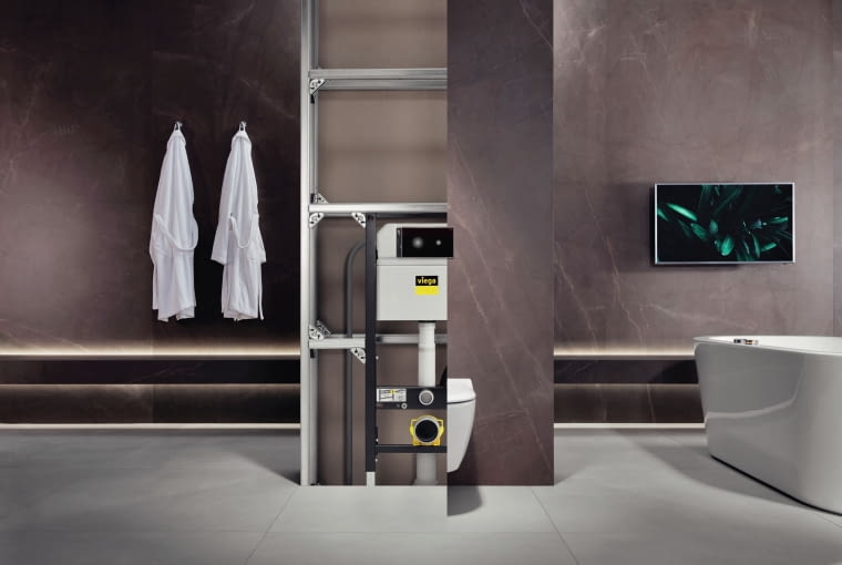 VIEGA PREVISTA,  ta sama spłuczka niezależnie czy system mokry czy suchy,  regulacja ilości wody bez użycia narzędzi w zakresie  3,5-7,5 l dla pełnego spłukiwania i 2-4 l dla spłukiwania  oszczędnego