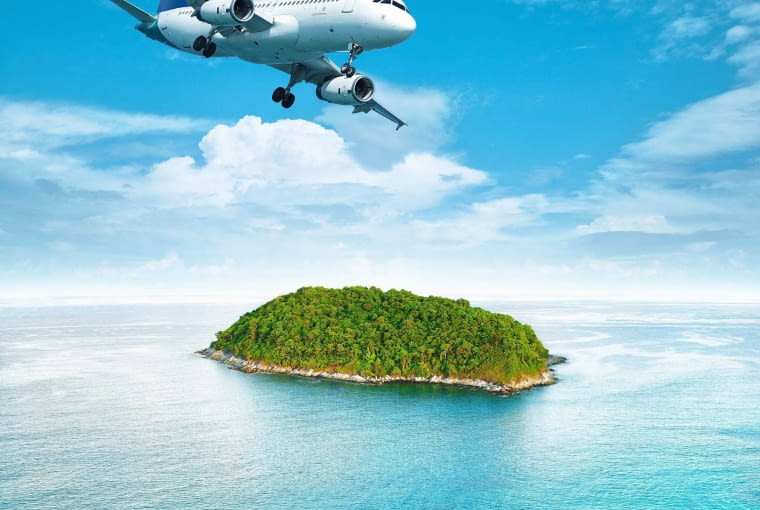 Odrzutowiec nad tropikalna wyspa SLOWA KLUCZOWE: lotnictwo samolot wakacje tanie latanie ilustracja