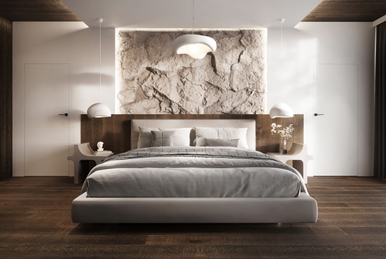 Konsekwentne użycie tego samego odcienia drewna na podłodze i innych elementach wnętrza, buduje hotelową klasę i spokój. Na zdjęciu: podłoga z desek warstwowych olejowoskowanych, 1‑lamelowych Forest Legend Dąb Follow the Trace z oferty JAWOR-PARKIET