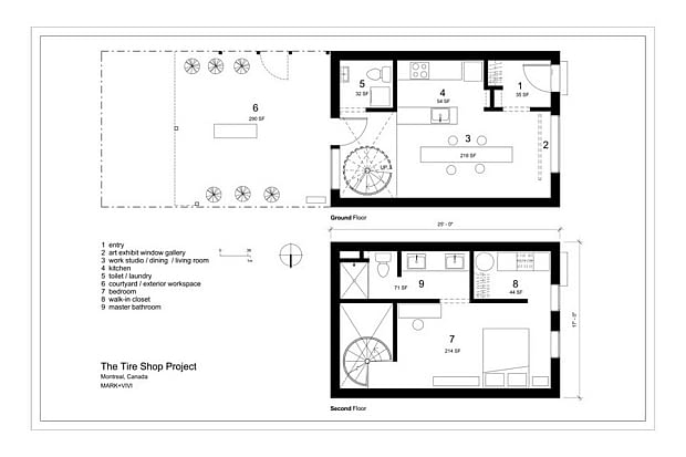 The Tire Shop - dom i galeria w jednym. Proj. Mark + Vivi Architects. Plan budynku. dom, dom w sklepie, mały dom, wnętrze, aranżacja wnętrz, ciekawe wnętrza