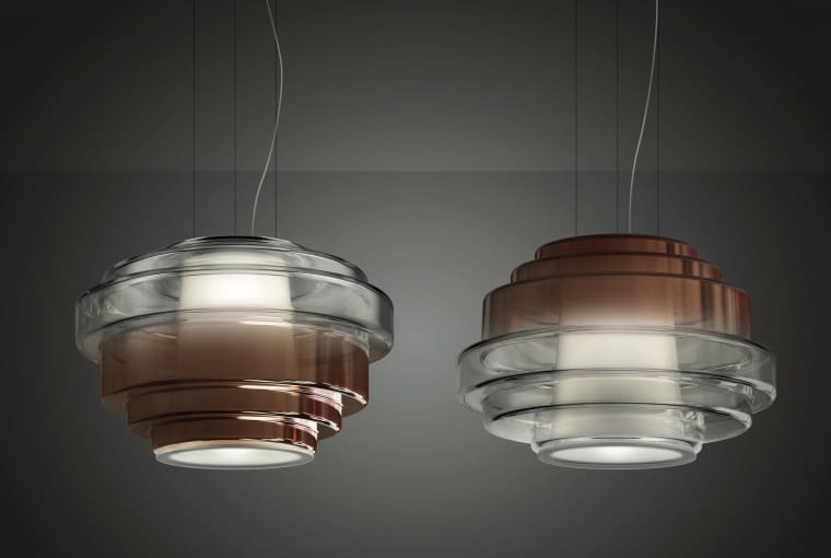 szkło kontaktowe Piękna lampa z dmuchanego szkła z kol. Reverso. W kolorach bursztynowym, miedzianym lub przezroczysta. Proj. Arik Levy, wzór, Artemide/artemidepolska.pl