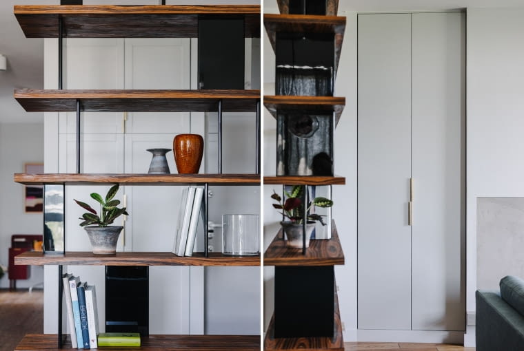 Zamiast zimnej bieli ściany mają delikatny odcień błękitu. Tak subtelna zmiana koloru spowodowała, że wnętrza są przytulniejsze, nabrały elegancji i miękkości. Farbą pomalowano również meble, drzwi i wnęki, przez co efekt monochromatyczności jest spotęgowany.