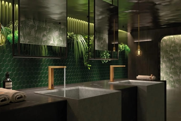 Odpowiednia kolorystyka i dodanie zielonych roślin sprawiło, że łazienka urządzona nowocześnie zbliżyła się do natury, TRES Odpowiednia kolorystyka i dodanie zielonych roślin sprawiło, że łazienka urządzona nowocześnie zbliżyła się do natury, TRES