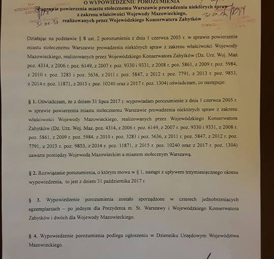 Wypowiedzenie porozumienia ze Stołecznym Konserwatorem Zabytków Wypowiedzenie porozumienia ze Stołecznym Konserwatorem Zabytków