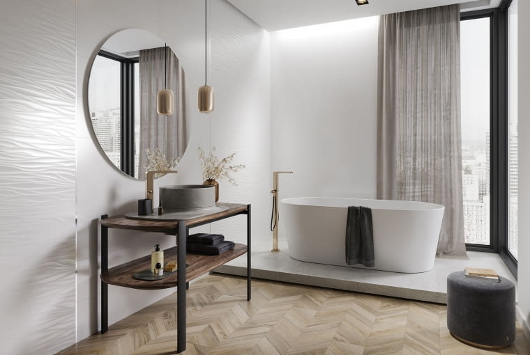 Kolekcja płytek ściennych Ola Bianca, na podłodze płytki Wood Chevron Opoczno Kolekcja płytek ściennych Ola Bianca, na podłodze płytki Wood Chevron Opoczno