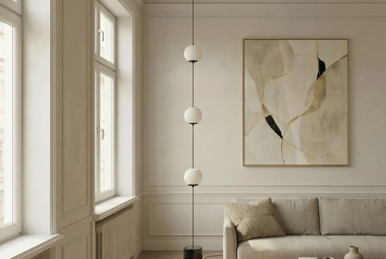 Szklane, opalowe kule lampy LED Darrow w otoczeniu sztukaterii, klasycznego parkietu i współczesnych mebli tworzą spójną, elegancką aranżację. Do kupienia w lampy.pl; marka LUCANDE