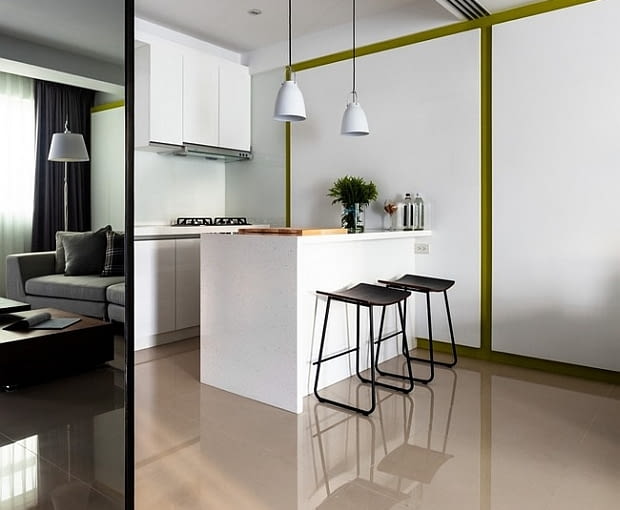 Mieszkanie w Taizhong - 74 m kw.; proj. Z-Axis Design Studio nowoczesne mieszkanie, mieszkanie z otwartą kuchnią, jak wydzielić kuchnię, jasne mieszkanie