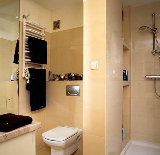 Ściana kabiny prysznicowej przesłania jednocześnie kącik z podwieszanym sedesem. W pomieszczeniu nie ma wiszących szafek - kosmetyki z powodzeniem mieszczą się na półce nad sedesem oraz na wnękowych półeczkach w kabinie.