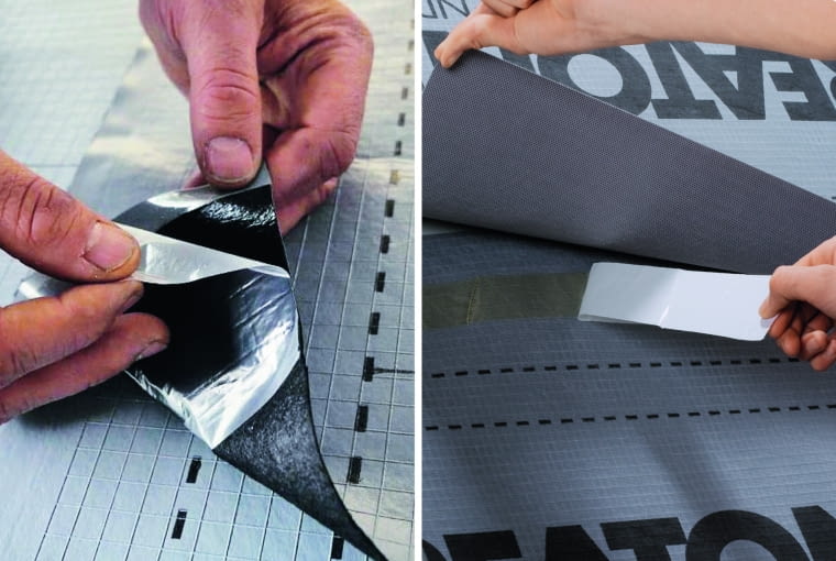 Ze względu na szczelność przegrody wskazane jest stosowanie membran ze zintegrowanymi paskami kleju. Alternatywą jest zastosowanie specjalnej taśmy przeznaczonej do łączenia membran i folii dachowych Ze względu na szczelność przegrody wskazane jest stosowanie membran ze zintegrowanymi paskami kleju. Alternatywą jest zastosowanie specjalnej taśmy przeznaczonej do łączenia membran i folii dachowych