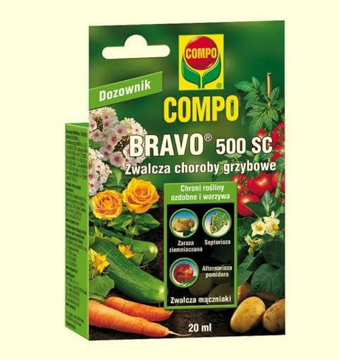 Bravo 500 SC jest skuteczny w przypadku zarazy, septoriozy, alternariozy, mączniaków. Compo, ok. 8 zł/20 ml. Bravo 500 SC jest skuteczny w przypadku zarazy, septoriozy, alternariozy, mączniaków. Compo, ok. 8 zł/20 ml.