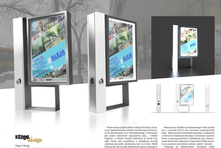 Praca finałowa: City Light Poster z koszem na śmieci Prace finałowe w konkursie na nośnik reklamy zewnętrznej na Alei Marszałkowskiej