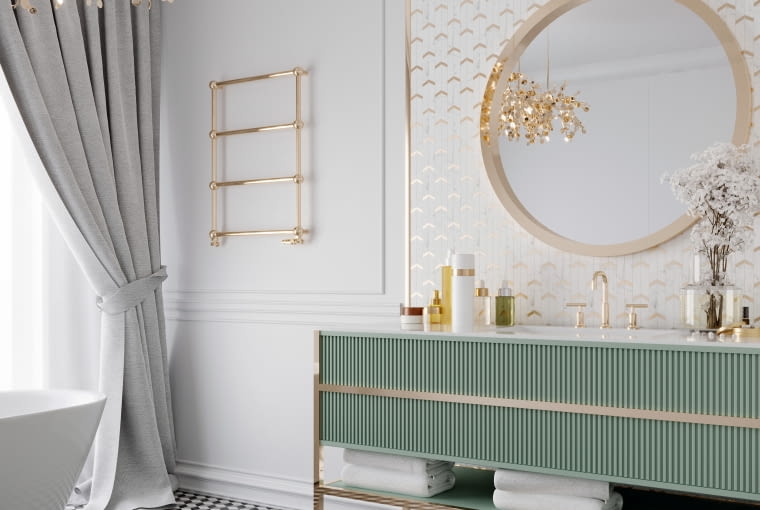 Wnętrze w stylu glamour musi błyszczeć, a złoto jest tu idealnym wyborem. W tej łazience oprócz armatury oświetlenia i grzejnika, ze złotym akcentem są nawet płytki. Wnętrze w stylu glamour musi błyszczeć, a złoto jest tu idealnym wyborem. W tej łazience oprócz armatury oświetlenia i grzejnika, ze złotym akcentem są nawet płytki.