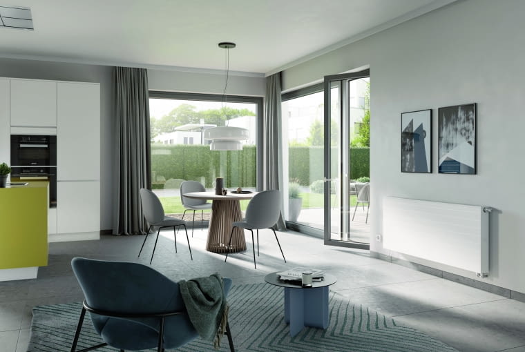 Niskotemperaturowy grzejnik z wentylatorami osiowymi, które włączają się i wyłączają automatycznie, w zależności od potrzeb. Szybko się nagrzewa, skutecznie rozprowadzając ciepło w pomieszczeniu. Doskonale nadaje się do współpracy z pompą ciepła i kotłem kondensacyjnym