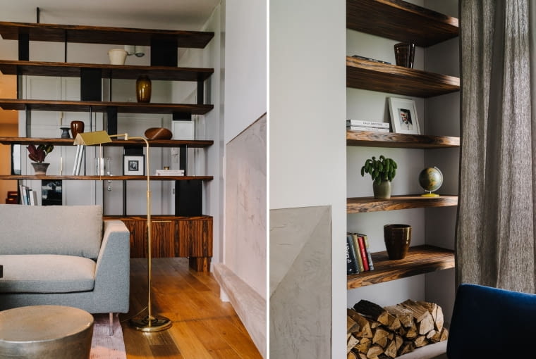 Neutralne ściany wspaniale wydobyły piękno palisandrowego drewna o miodowym odcieniu i widocznym usłojeniu.