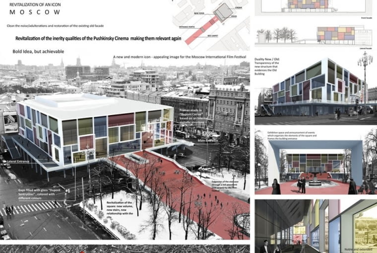 Filipe Oliveir Dias dla moskiewskiego kina nową, przeszkloną fasadę. Prace modernizacyjne według jego projektu nie naruszyłyby natomiast oryginalnej konstrukcji budynku Filipe Oliveir Dias dla moskiewskiego kina nową, przeszkloną fasadę. Prace modernizacyjne według jego projektu nie naruszyłyby natomiast oryginalnej konstrukcji budynku