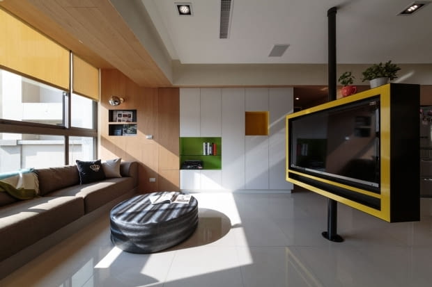 Nowoczesne mieszkanie na Tajwanie; proj. House Design nowoczesne mieszkanie, funkcjonalne mieszkanie, oryginalne mieszkanie, obrotowy telewizor