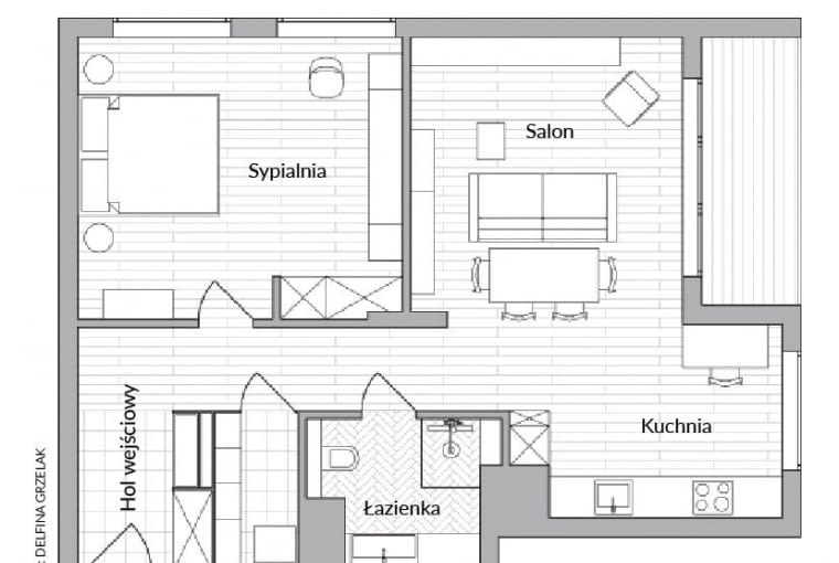 Dwupokojowe mieszkanie w Gdańsku o powierzchni 68 m2. Projekt wnętrza wykonali architekci Marta Raca i Michał Raca, którzy prowadzą pracownię RACA ARCHITEKCI, www.raca-architekci.pl. Projekt wnętrza 68 m2, rzut z umeblowaniem