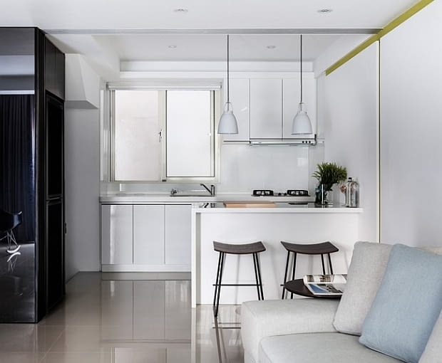 Mieszkanie w Taizhong - 74 m kw.; proj. Z-Axis Design Studio nowoczesne mieszkanie, mieszkanie z otwartą kuchnią, jak wydzielić kuchnię, jasne mieszkanie