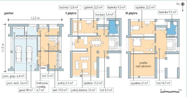 Plan parteru, I piętra i II piętra - dom z dwupiętrową częścią dzienną