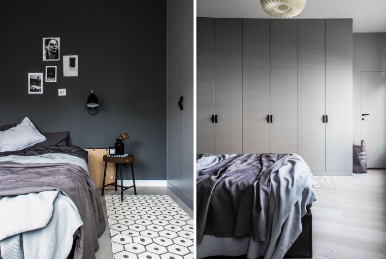 Zamiast oddzielnego pomieszczenia na garderobę, właściciele zdecydowali się na pojemną szafę wtopiona w ścianę. Ciemnobrązowe skórzane uchwyty przy szafach są dziełem Moniki, która postanowiła wykonać je samodzielnie.