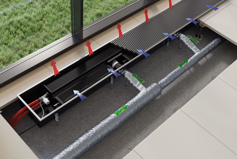 Kolejny przykład grzejnika kanałowego z doprowadzeniem świeżego  powietrza, które jest dostarczane z centrali wentylacyjnej bezpośrednio do wymiennika ciepła. Dzięki temu temperatura powietrza  nawiewanego może zostać dostosowana do potrzeb domowników