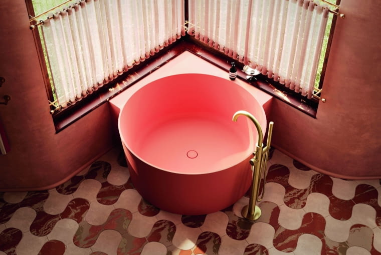 Charakterystyczna forma wanny powstała z harmonijnego zestawienia okrągłej bryły z praktyczną, narożną półką o kwadratowym kształcie