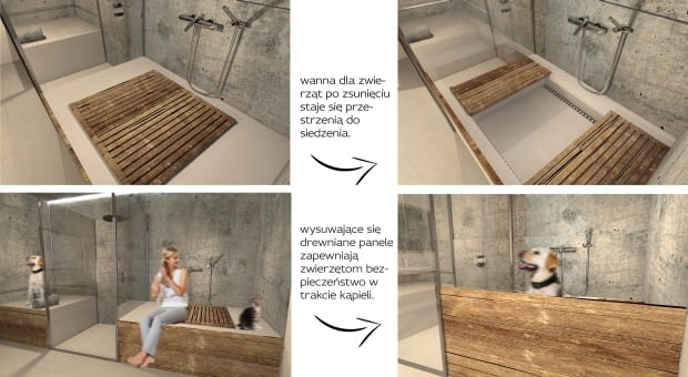 Łazienka przystępna dla zwierząt; proj. Zuzanna Niedbała projekt, łazienka, zwierzęta w łazience, jak urządzić łazienkę