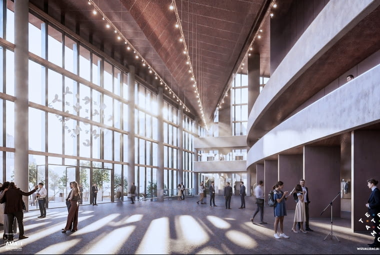 Nowa siedziba Teatru Muzycznego w Poznaniu. Foyer główne - widok na stronę wschodnią