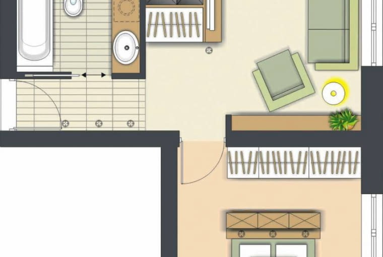 Rozwiązanie 1. <BR /> Łazienka została powiększona kosztem przedpokoju. W jego części przy kuchni powstała praktyczna wielofunkcyjna zabudowa