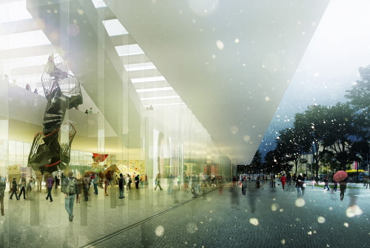 Widok galerii Muzeum od strony ulicy Marszałkowskiej