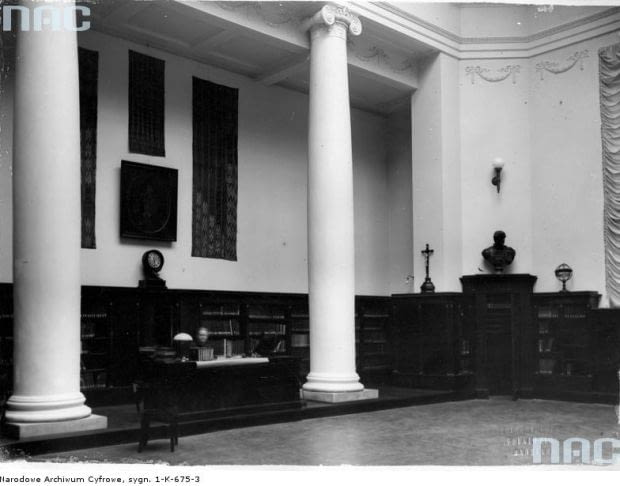 Pracownia i czytelnia. 1930 rok. biblioteka, zabytek, warszawa, okólnik