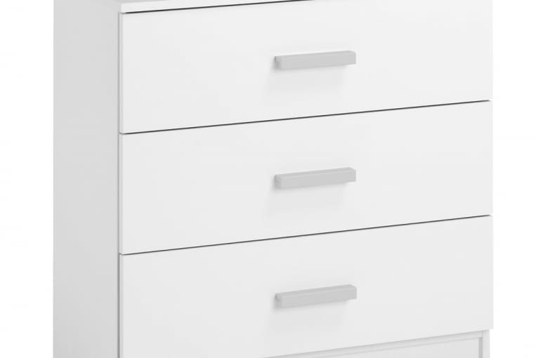 JYSK: biała komoda KABDRUP z trzema szufladami (sz.71 x w.69 x g.35 cm). Przeceniona ze 199 zł na 150 zł. JYSK, zakupy, dodatki, meble, wyprzedaż