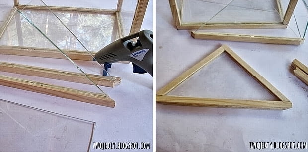 DIY - mini szklarnia. Krok 5: Teraz należy obramować trójkąty i wykończyć górę. Uwaga, sporo trudności może sprawić dopasowanie listewki do szkła! mini szklarnia, DIY, zrób to sam, szklarnia, design
