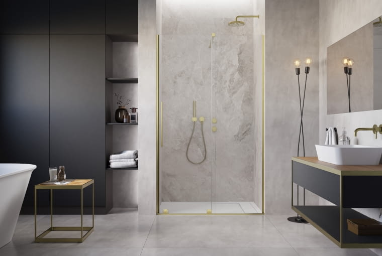 Łazienki z elementami w kolorze szczotkowanego złota Łazienki z elementami w kolorze szczotkowanego złota
