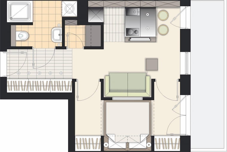 Rozwiązanie 2 <BR />Sypialnia jest na tyle duża, że mieści się w niej podwójne łóżko. Między kuchnią a łazienką powstał praktyczny schowek. Rozwiązanie 2 <BR />Sypialnia jest na tyle duża, że mieści się w niej podwójne łóżko. Między kuchnią a łazienką powstał praktyczny schowek.