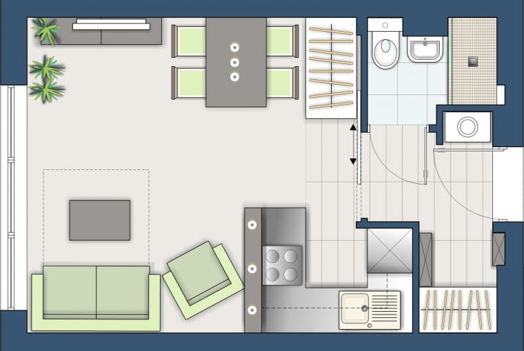 Kuchnia została nieco przesunięta i połączona z pokojem. Tuż przy wejściu do mieszkania zaprojektowałam obszerną szafę; druga zmieściła się przy kącie jadalnym. Kuchnia została nieco przesunięta i połączona z pokojem. Tuż przy wejściu do mieszkania zaprojektowałam obszerną szafę; druga zmieściła się przy kącie jadalnym.