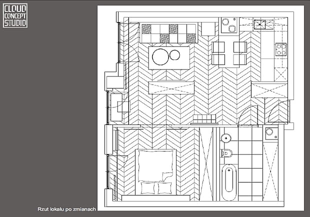Mieszkanie - 55 m kw.; proj. Cloud Concept Studio. małe mieszkanie, mieszkanie w szarościach, przytulne mieszkanie, jak urządzić