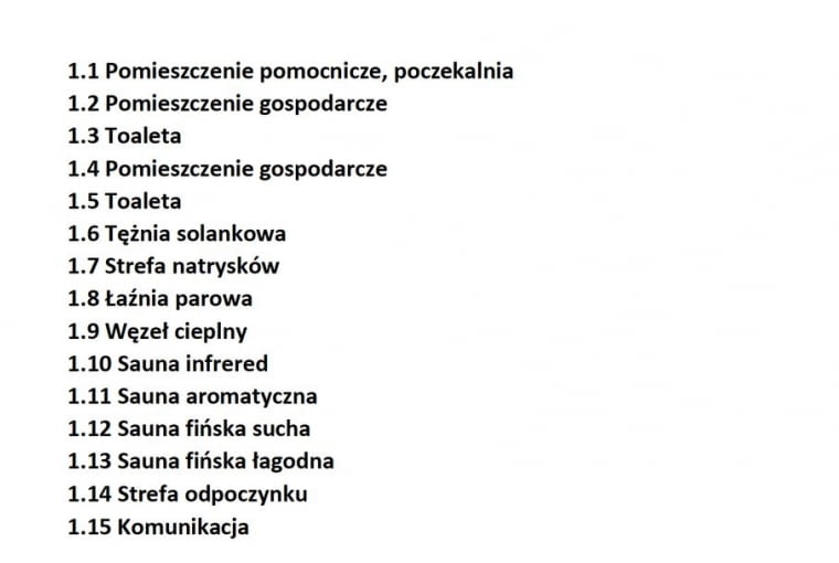 Saunarium w Ząbkowicach Śląskich - spis pomieszczeń. Proj. PORT Saunarium w Ząbkowicach Śląskich. Proj. PORT