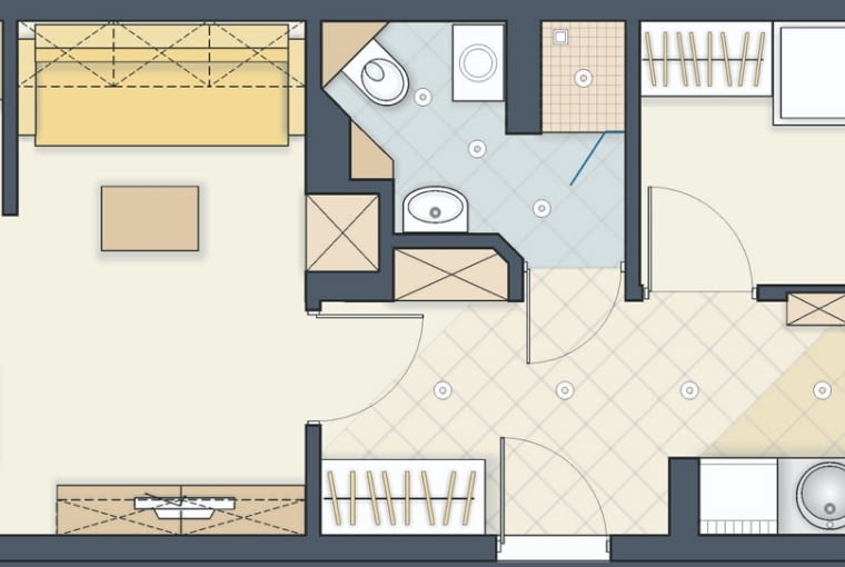 Rozwiązanie 2 <BR />Na minigabinet przeznaczyłem część pokoju dziennego, co pozwoliło zachować kuchnię w osobnym pomieszczeniu. Rozwiązanie 2 <BR />Na minigabinet przeznaczyłem część pokoju dziennego, co pozwoliło zachować kuchnię w osobnym pomieszczeniu.